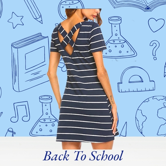 NWT!! 💖FEAGER 💖 POPULAR NAVY BLUE STRIPED CRISS-CROSS T-SHIRT DRESS 🔥 - Picture 5 of 12